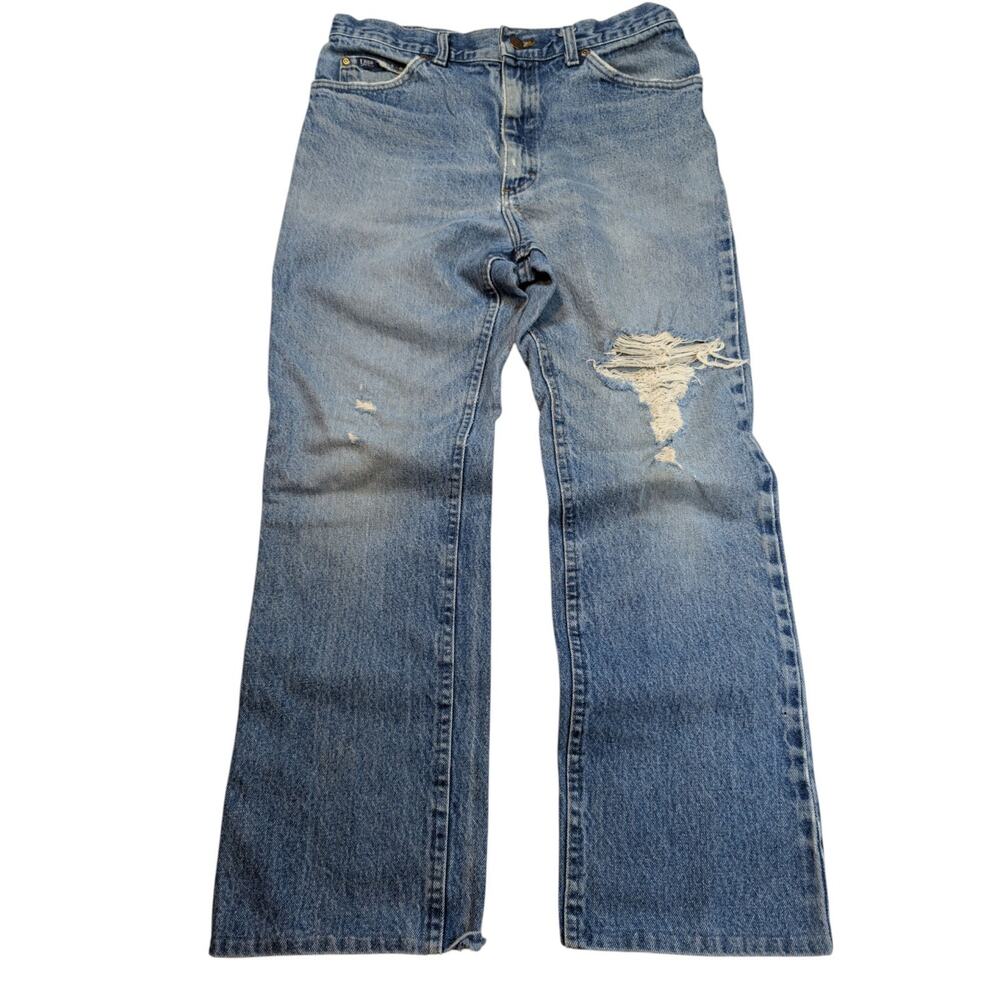 Vintage Lee Jeans Relaxed Fit Mens 34x29 Blue Wash Distressed Denim USA Made 80s